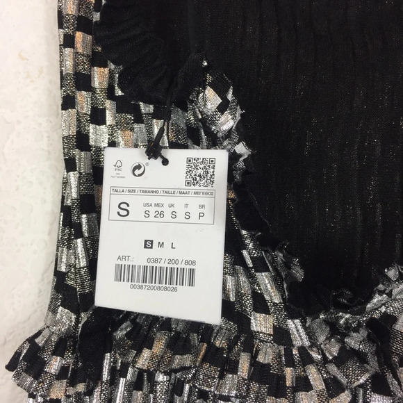 Zara Shimmery Metallic Silver Black Ruffle Party Mini Dress Small - Picture 5 of 14